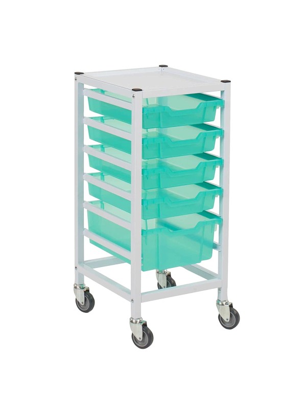 Gratnells Hospital-Grade Single Compact Medical Trolley with Storage Trays. Antimicrobial Metal and Trays