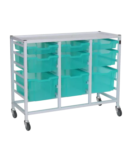 GRATNNELS MEDICAL COMPACT LOW TREBLE FIXED RUNNER WHITE TROLLEY 3 SHALLOW 3 DEEP 3 EXTRA DEEP ANTIMICROBIAL KIWI TRAYS