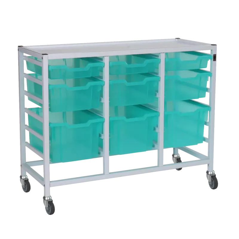 GRATNNELS MEDICAL COMPACT LOW TREBLE FIXED RUNNER WHITE TROLLEY 3 SHALLOW 3 DEEP 3 EXTRA DEEP ANTIMICROBIAL KIWI TRAYS